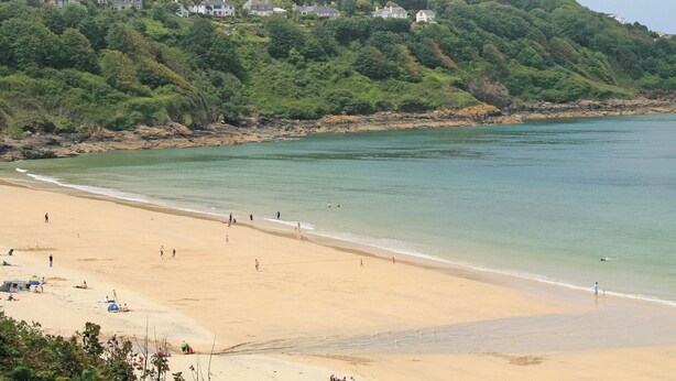 A beach with a sandy shore, clear water, and houses on a hill in the background.