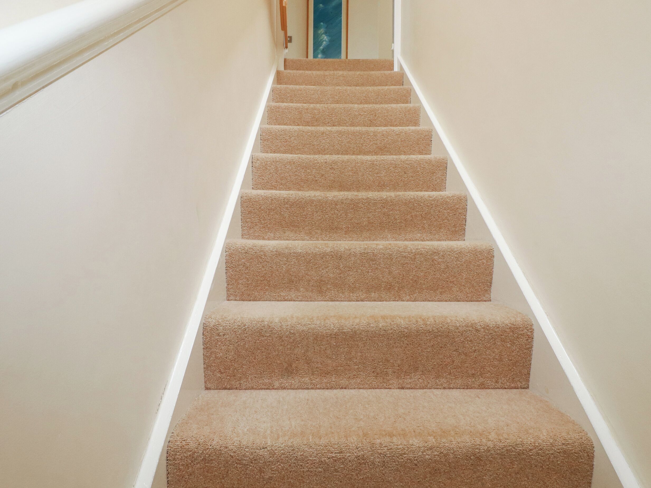 A carpeted staircase with white walls and a blue door at the top.
