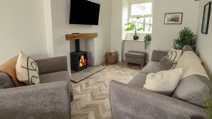 Ein modernes Wohnzimmer mit Kamin, grauen Sofas, einem Fernseher und einem Fenster mit Pflanzen.
