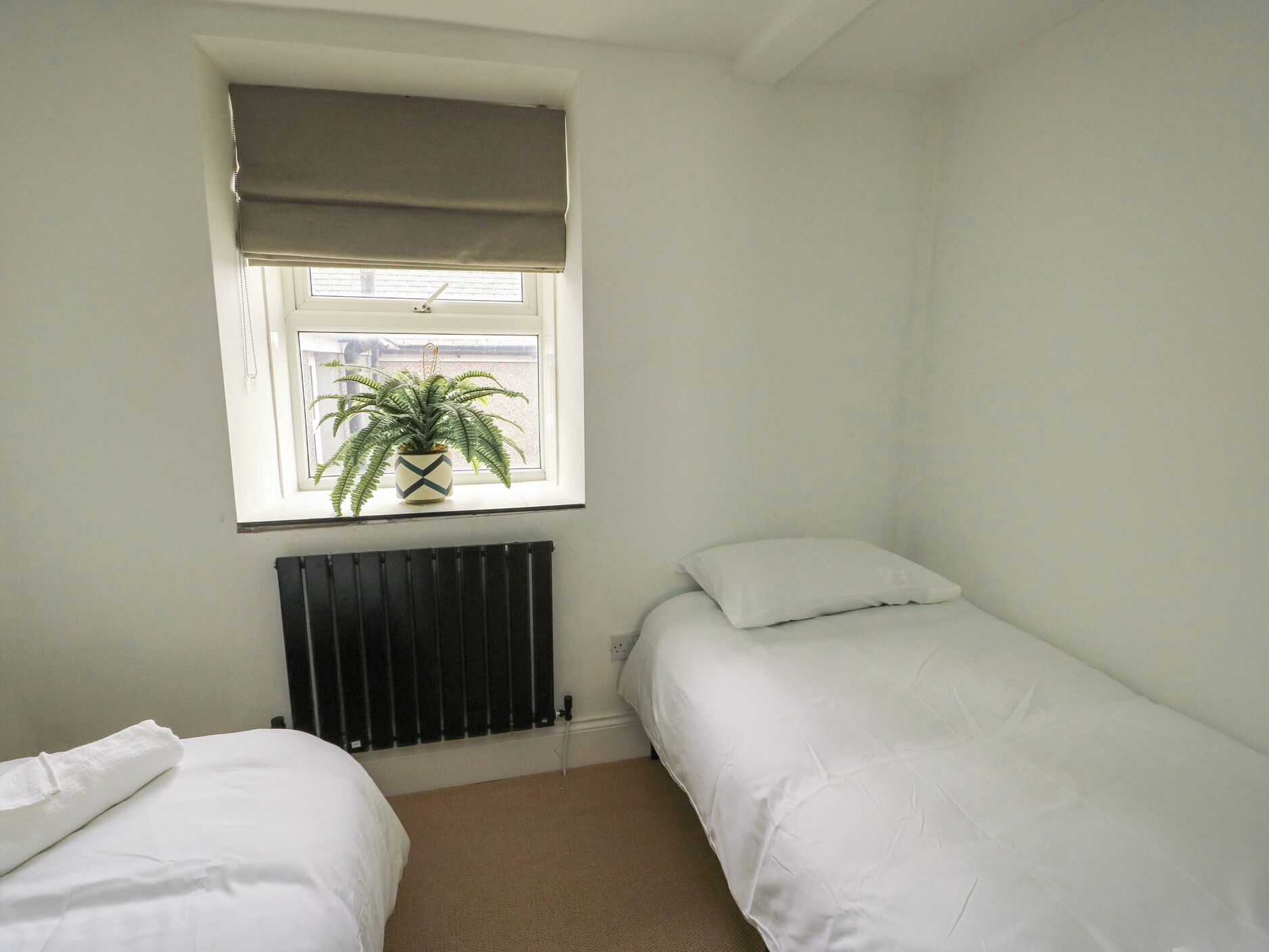 A small, clean room with two single beds, a radiator, a window with a plant, and a white wall.