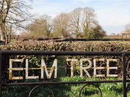 Un letrero metálico con la inscripción 'ELM TREE' en letras blancas, rodeado de follaje y árboles.