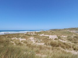 Un paisaje costero con dunas, una playa y un faro a lo lejos.