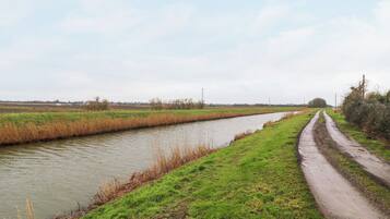 A rural landscape with a narrow water channel, a muddy path, and open fields.