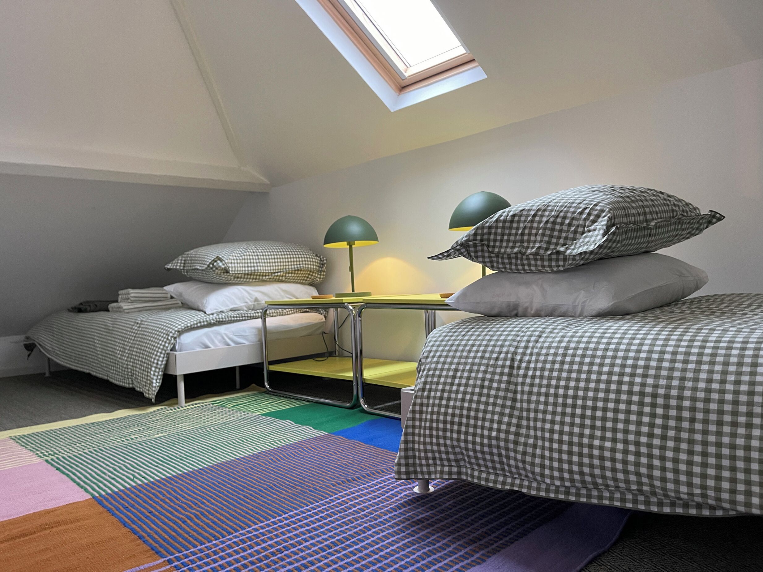 A dorm-style room with two beds, a desk, and a skylight.