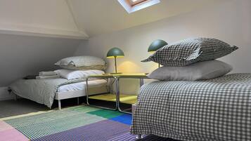 A dorm-style room with two beds, a desk, and a skylight.