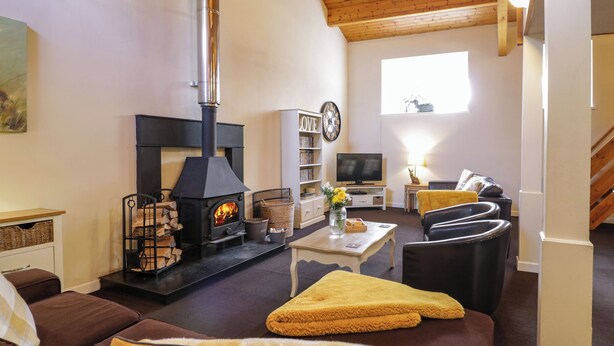 A cozy living room with a fireplace, a sofa, a coffee table, and a television. - Igamogam (Caernarfon)