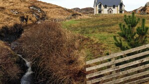 A rural landscape with a house on a hill, a wooden fence, and a stream. - Riverside (Harris)