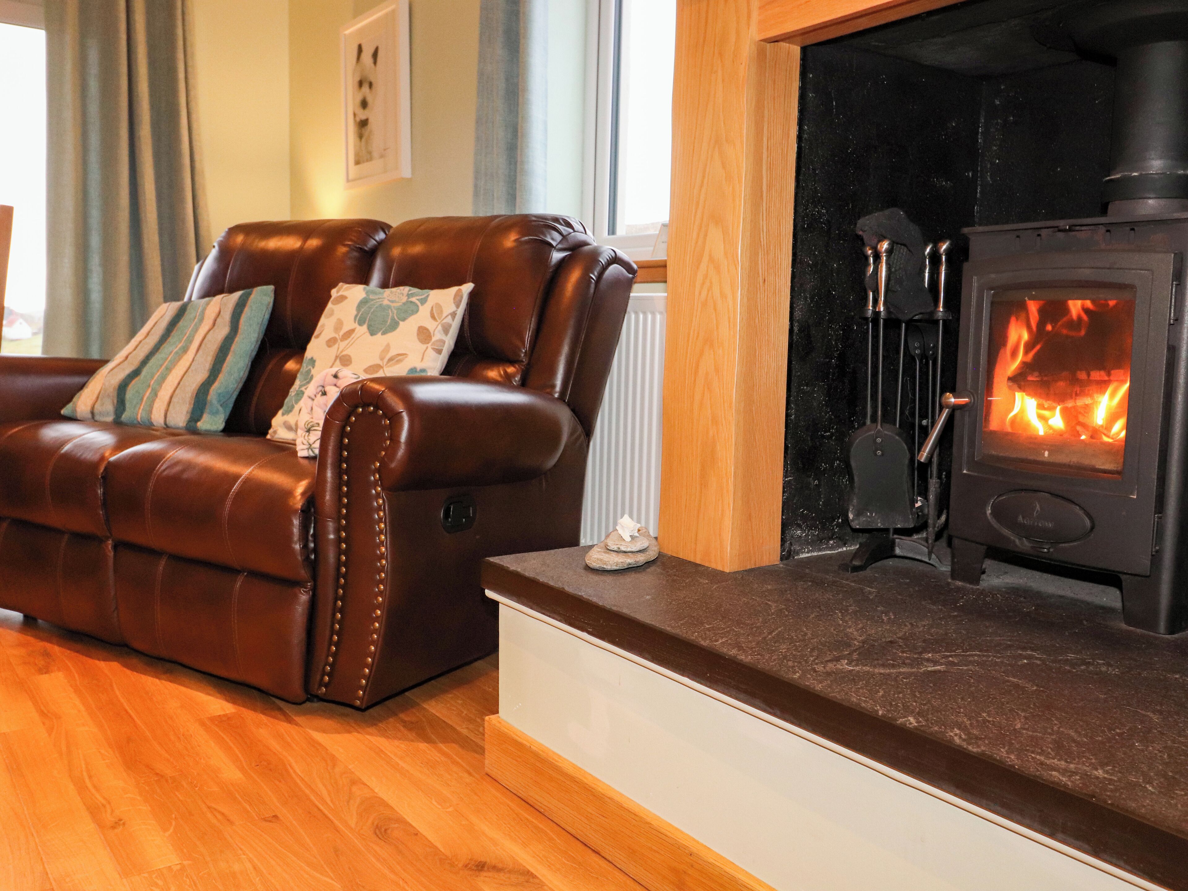A leather sofa with decorative pillows, a wood-burning stove, and a radiator.