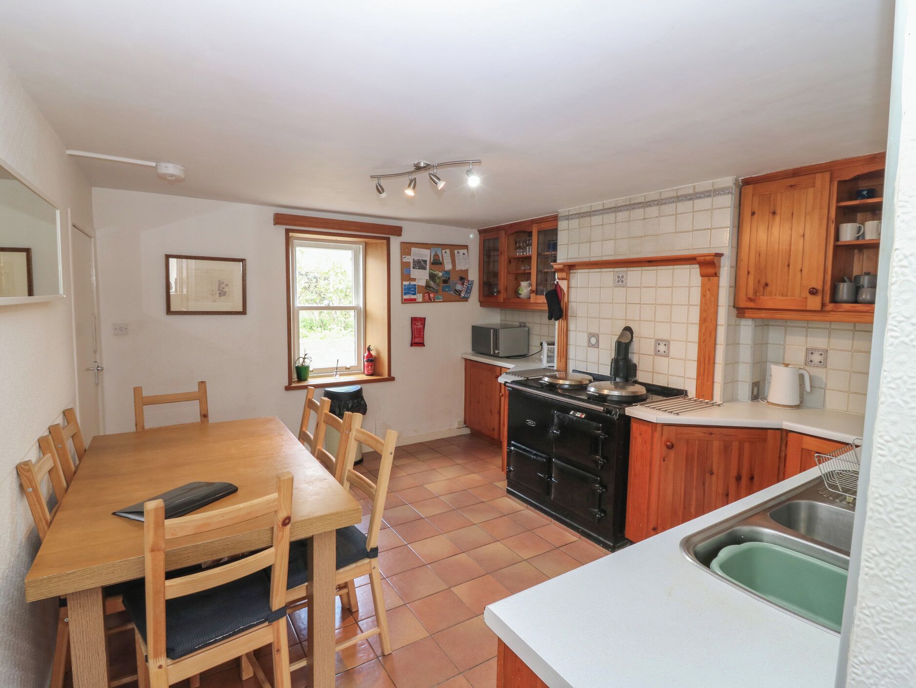 Fridge, electric kettle, toaster, cookware/dishes/utensils