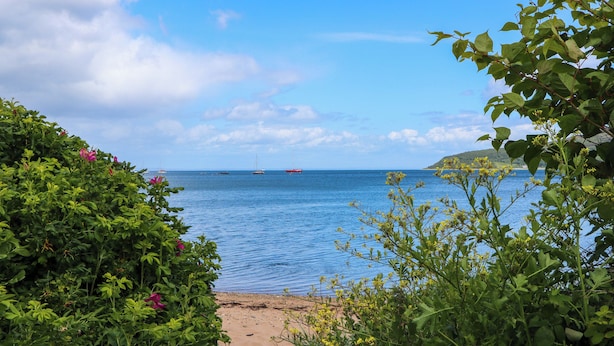 A coastal view with a sandy beach, clear blue sea, and boats. - Lodge 5 - "hawthorn" (Isle of Arran)
