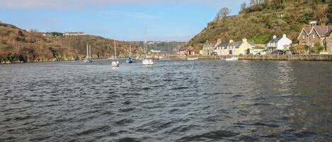 A calm river with boats, houses along the riverbank, and a hilly landscape in the background.