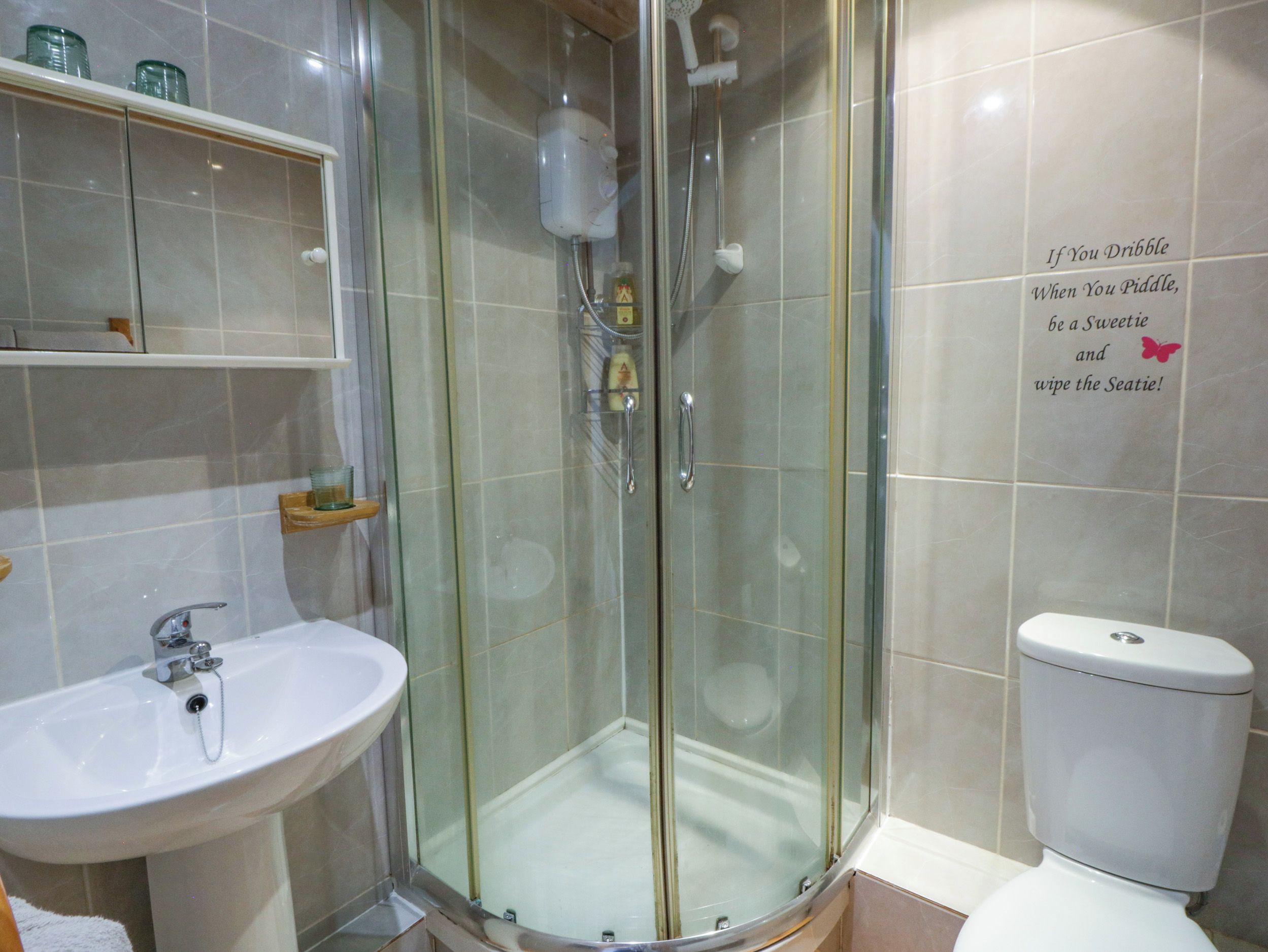 Une salle de bain avec une douche à parois de verre, un lavabo blanc et des toilettes.