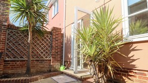 A small backyard with a palm tree, a brick wall, and a door. - 6 Willows Green (Aldeburgh)