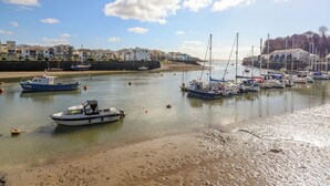 A marina with boats docked, a sandy beach, and residential buildings in the background. - 11 South Snowdon Wharf (Porthmadog)