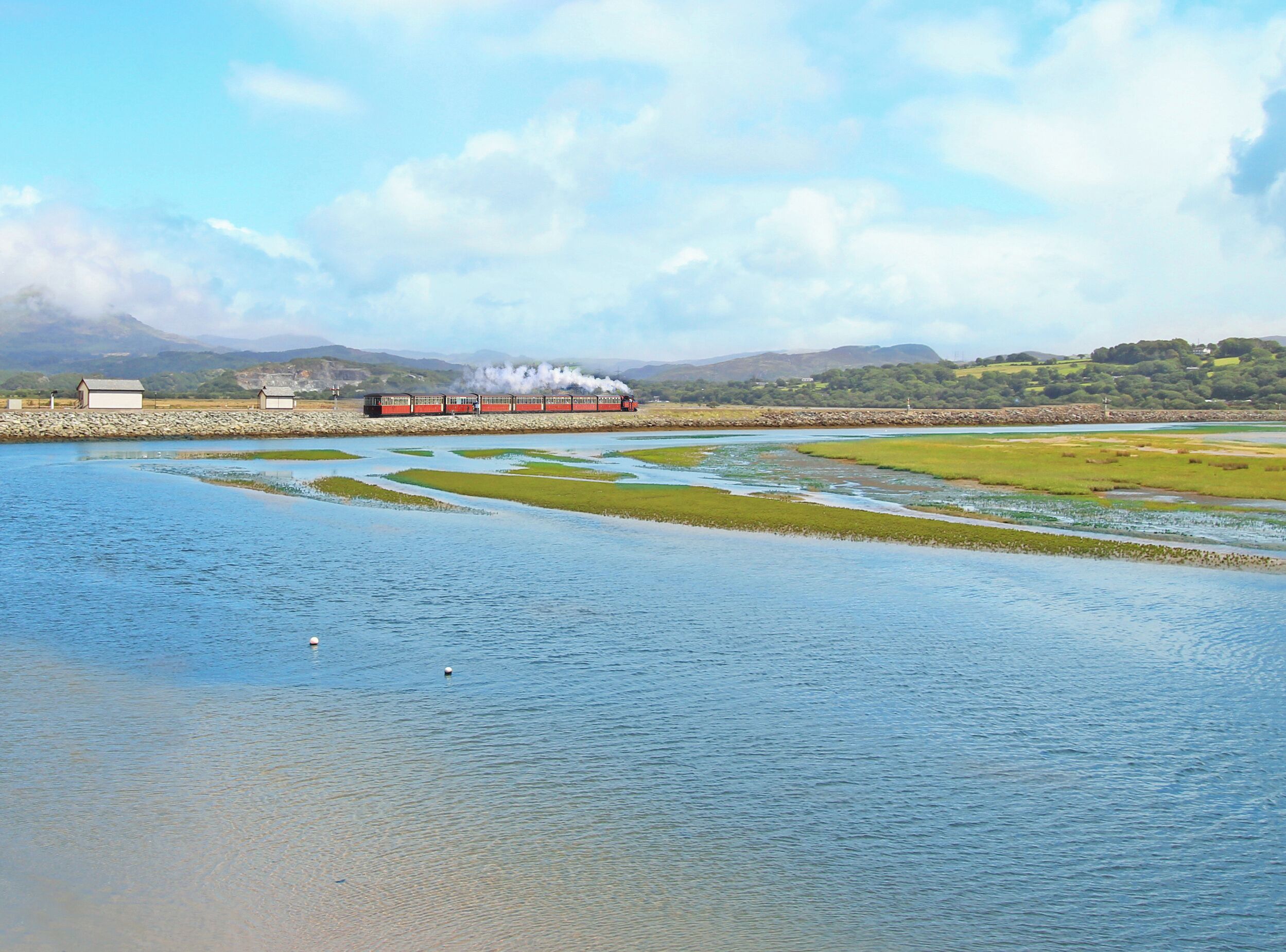 Un tren avanza por un paisaje con canales de agua y campos verdes.