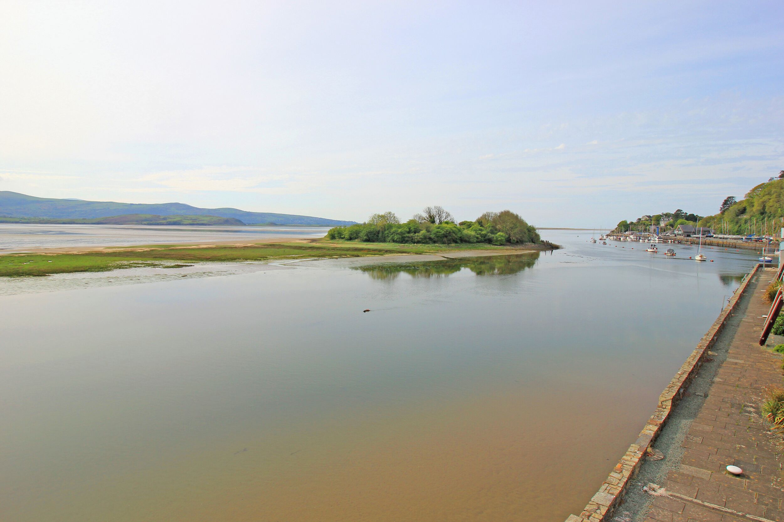 Un río tranquilo con una pequeña isla de vegetación, un camino pavimentado a lo largo de la orilla y colinas distantes.