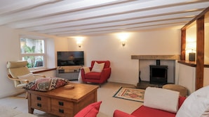 A living room with a television, a fireplace, a red sofa, a wooden coffee table, and a window with a view of greenery. - Springfield (Torpoint)