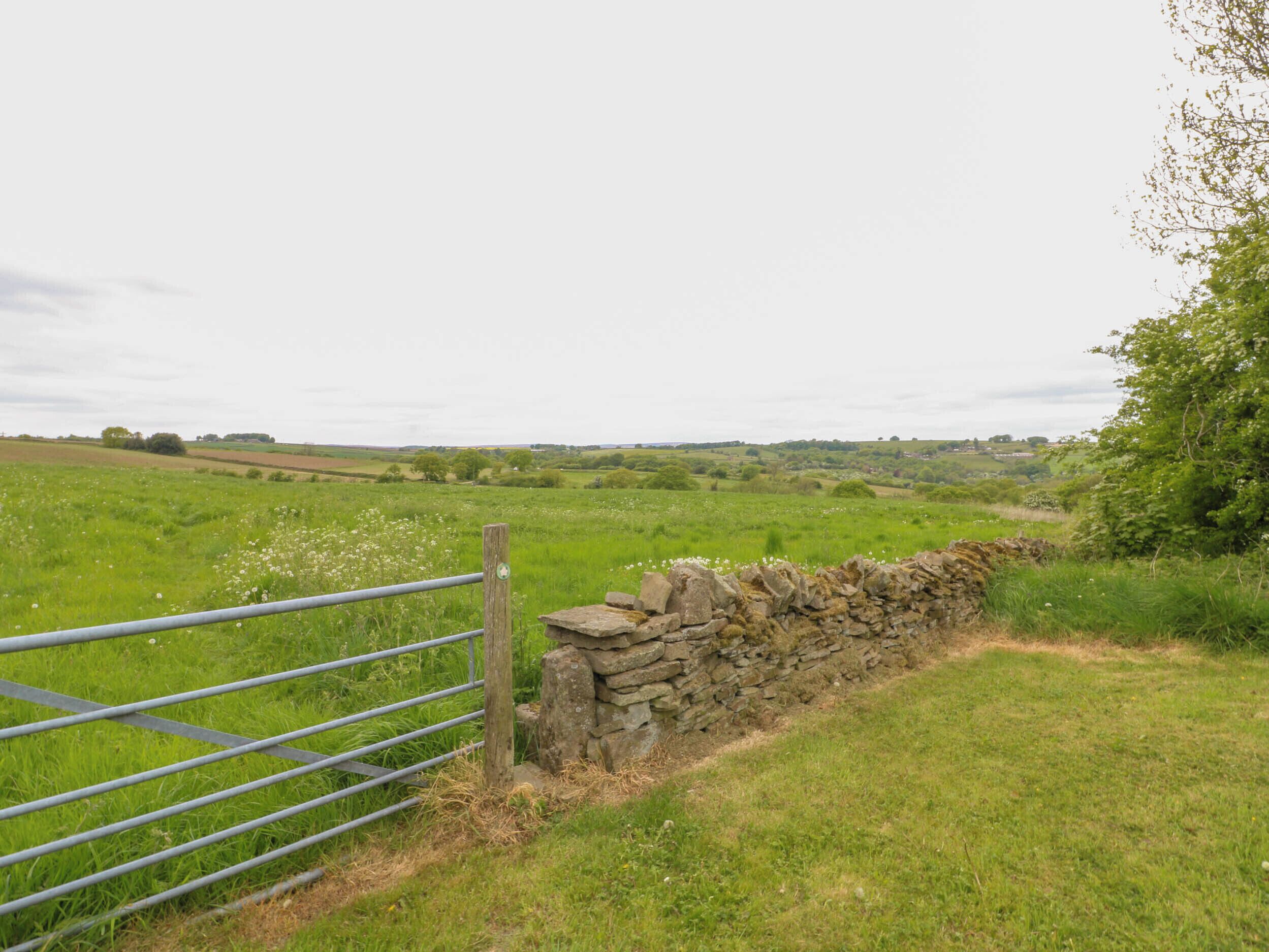 Un paysage rural avec un mur de pierres et un portail en métal, qui mène à un champ.