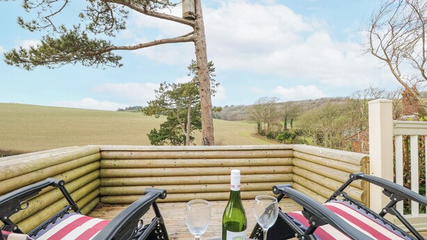 A wooden deck with a table and chairs, a bottle of wine, and a glass on the table. - Rowborough House (Newport)