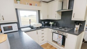 A compact kitchen with a microwave, stove, sink, and a window offering a view of the outdoors. - Rowborough House (Newport)