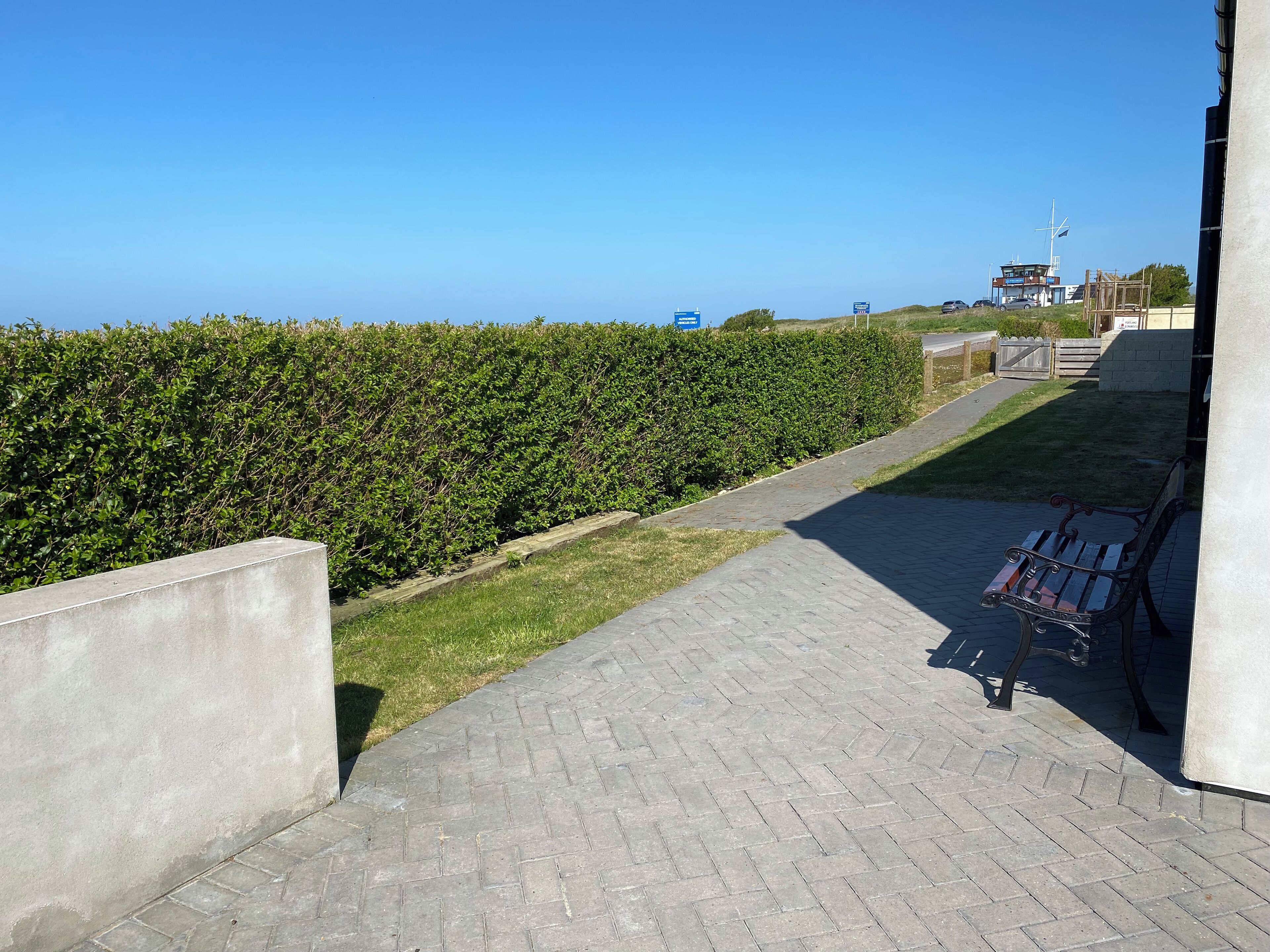 A paved pathway with a bench and a bicycle, bordered by a hedge and a building.