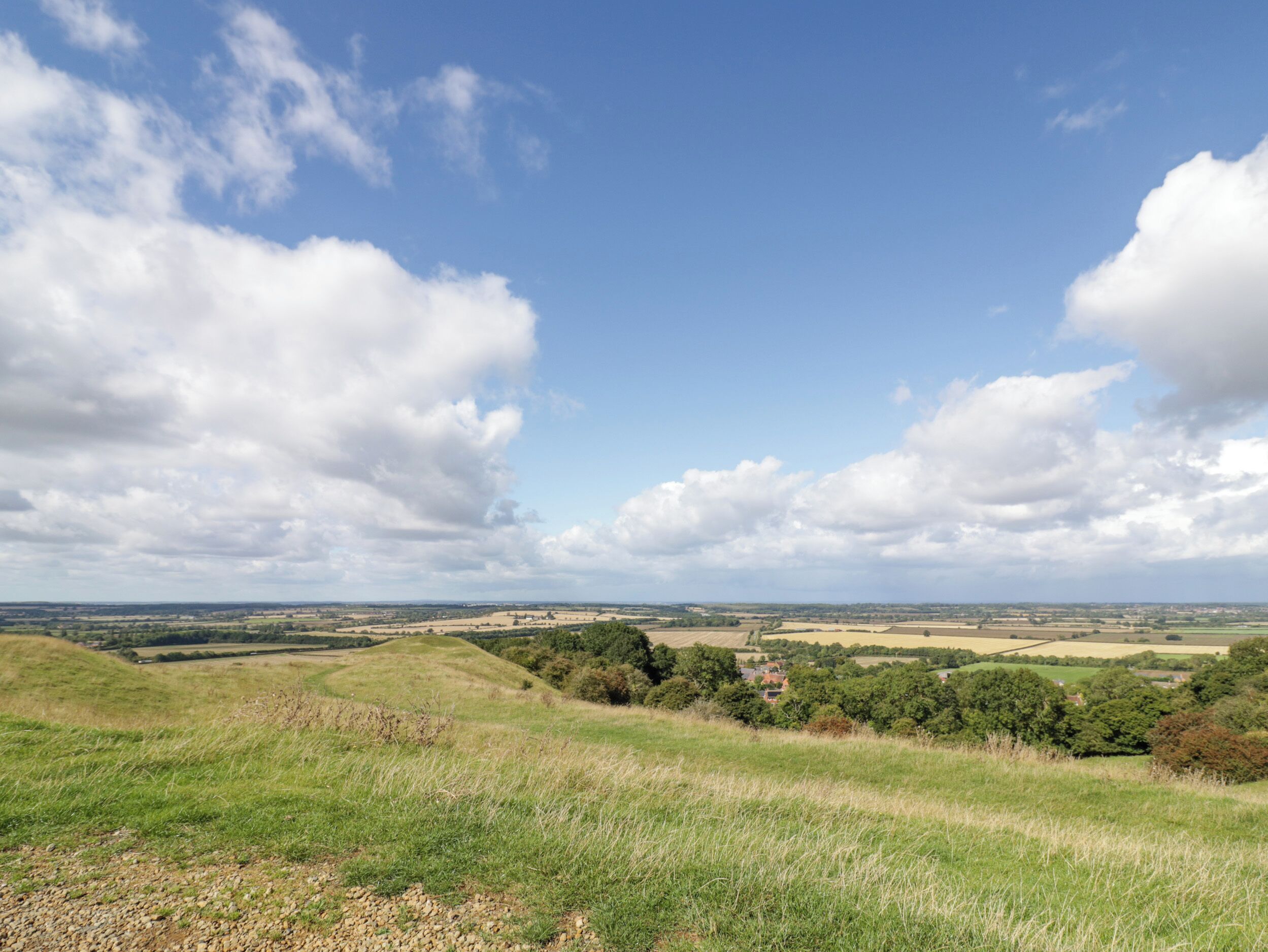 Ein weiter Panoramablick über eine ländliche Landschaft mit sanften Hügeln, Feldern und vereinzelten Bäumen.
