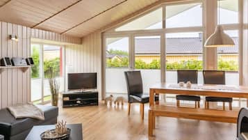 Smart-tv, eldstad, dvd-spelare och böcker