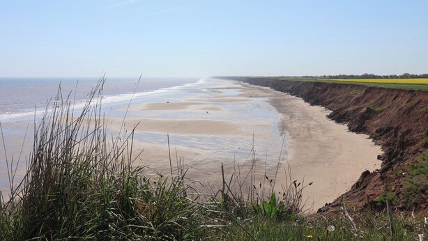 Een kustlandschap met een zandstrand, begroeiing en een klif.