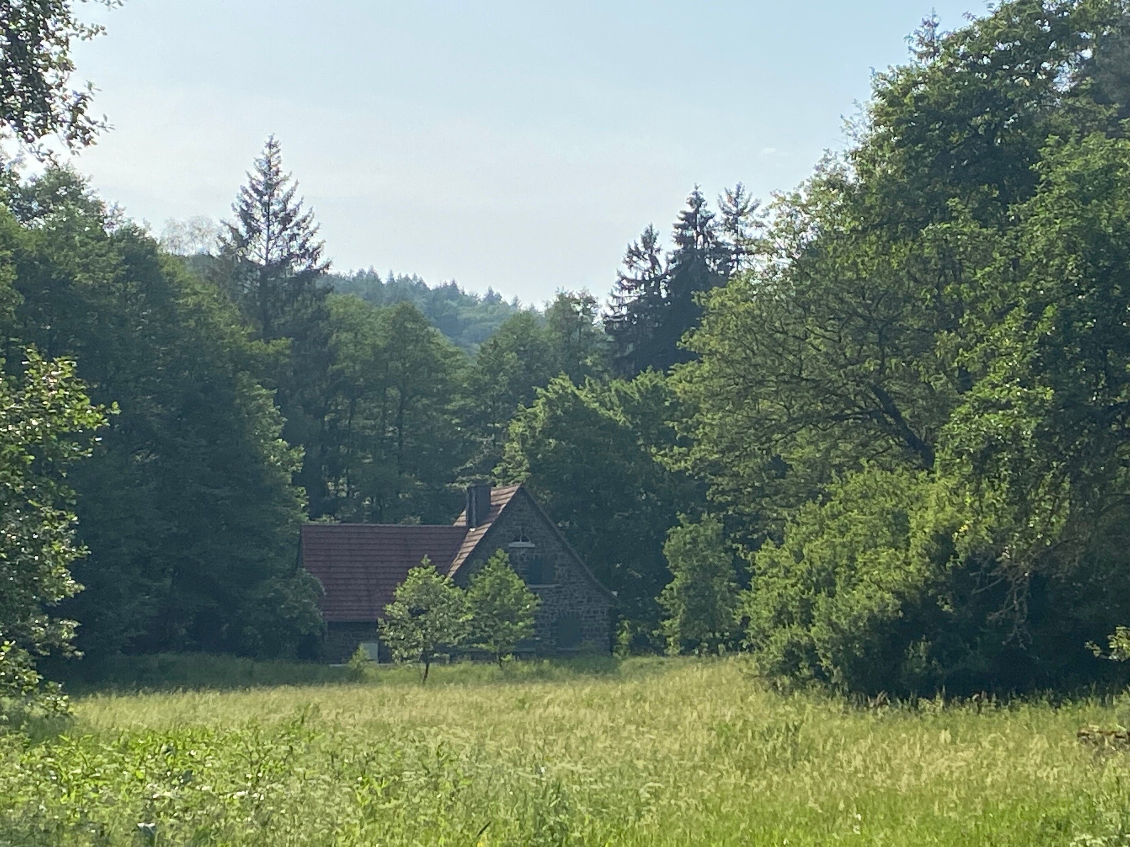 Ein ländliches Haus, umgeben von dichtem Wald.