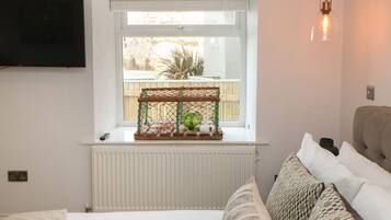 Un dormitorio con ventana, radiador, televisor, sofá y lámpara colgante.