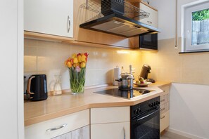 Una cocina equipada con estufa, horno, microondas y pileta.