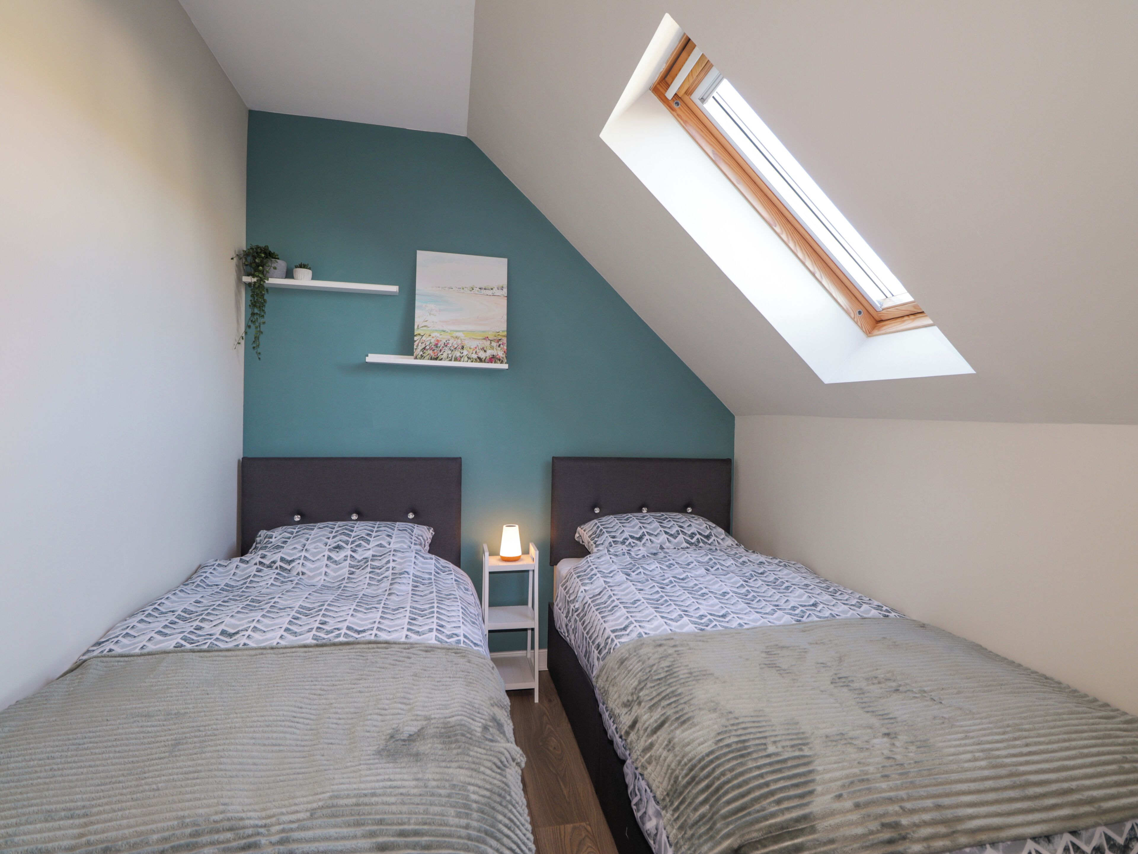 A bedroom with two beds, a skylight, a bedside table with a lamp, and a wall-mounted shelf with a plant.