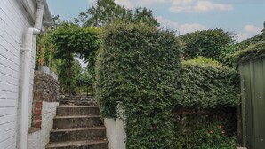 A set of stone steps leading up to a white wall with a brick base, surrounded by lush greenery and a green metal gate. - Bryn Siriol (Narberth)
