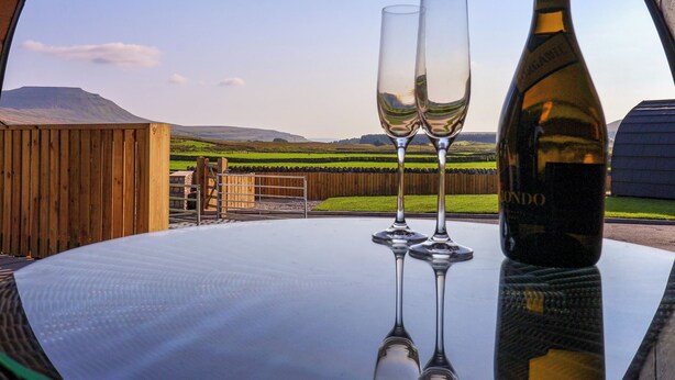 Una mesa con una botella y dos vasos, reflejando una vista panorámica de un campo cubierto de hierba y montañas.