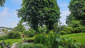 A garden with a bench, a pathway, and a large tree.