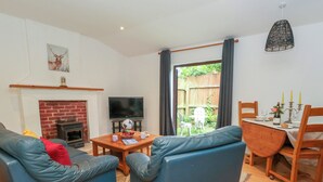 Ein Wohnzimmer mit Kamin, Fernseher, Esstisch mit Stühlen und einer Couch.