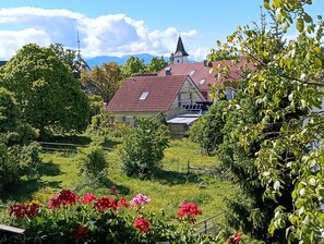 Landelijk gelegen huis met een rode pannendak, omringd door weelderige begroeiing en bloeiende planten.