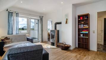 Televisión, chimenea, reproductor de DVD, estéreo