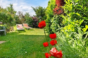A garden with a lawn, a bench, and a row of red flowers. - Apartment 'Lisa' with Private Terrace and Wi-Fi (Bodman-Ludwigshafen)