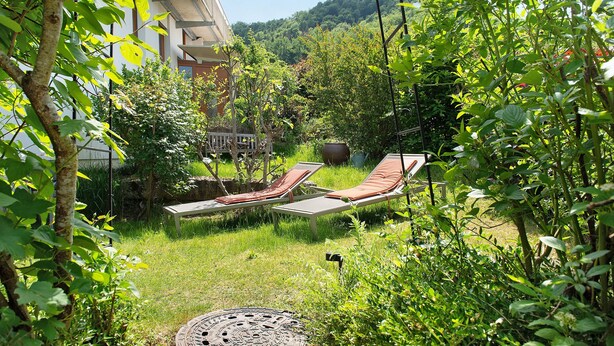 Ein Garten mit Schwimmbecken, Liegestühlen und einer Pergola.