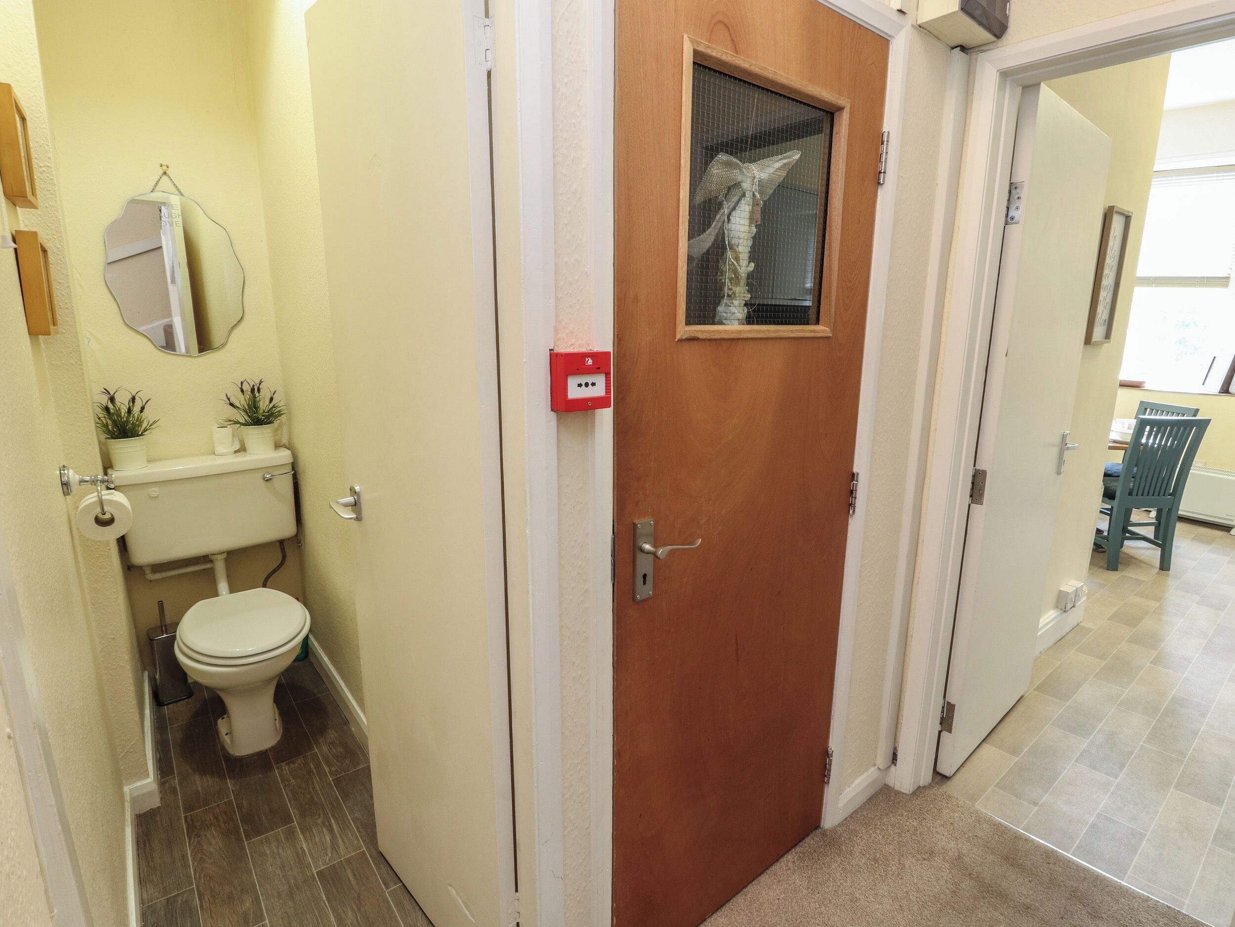 Un baño con inodoro, lavabo y dos plantas en macetas.
