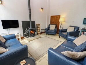 A living room with a fireplace, sofas, a TV, and a lamp. - Middlefell View Cottage (Alston)