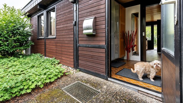 Una casa moderna con fachada de madera, un perro de pie en la entrada y un timbre.