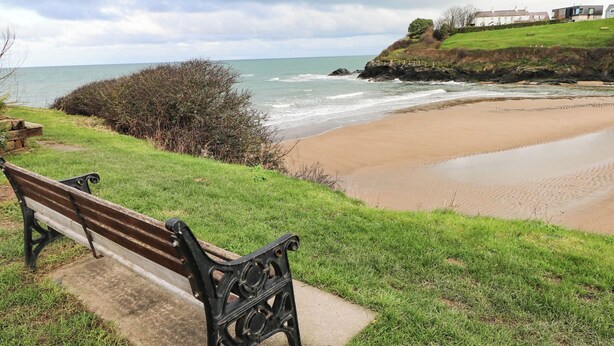 A bench overlooking a beach with a view of the sea and houses in the distance. - Sea Rose (Cardigan)