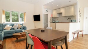 Een moderne woonkamer met een bank, een eettafel en stoelen. Er is een keuken met kasten en apparatuur.