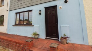 A two-story house with a dark brown front door, a window with a white frame, and a small potted plant on the ground floor. - Valley View (Cleator Moor)