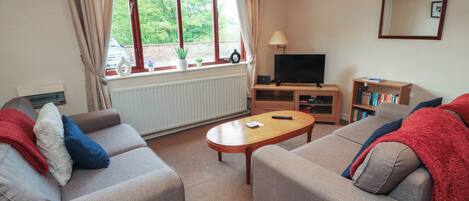 A living room with two sofas, a coffee table, a TV, and a bookshelf.
