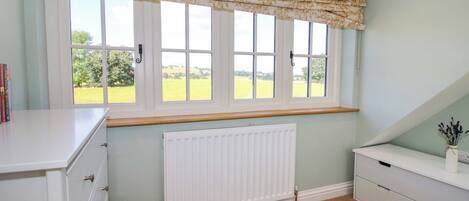 A room with a large window, a radiator, a white cabinet, and a patterned rug.