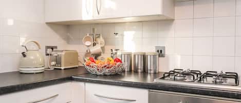 Fridge, dishwasher, electric kettle, toaster