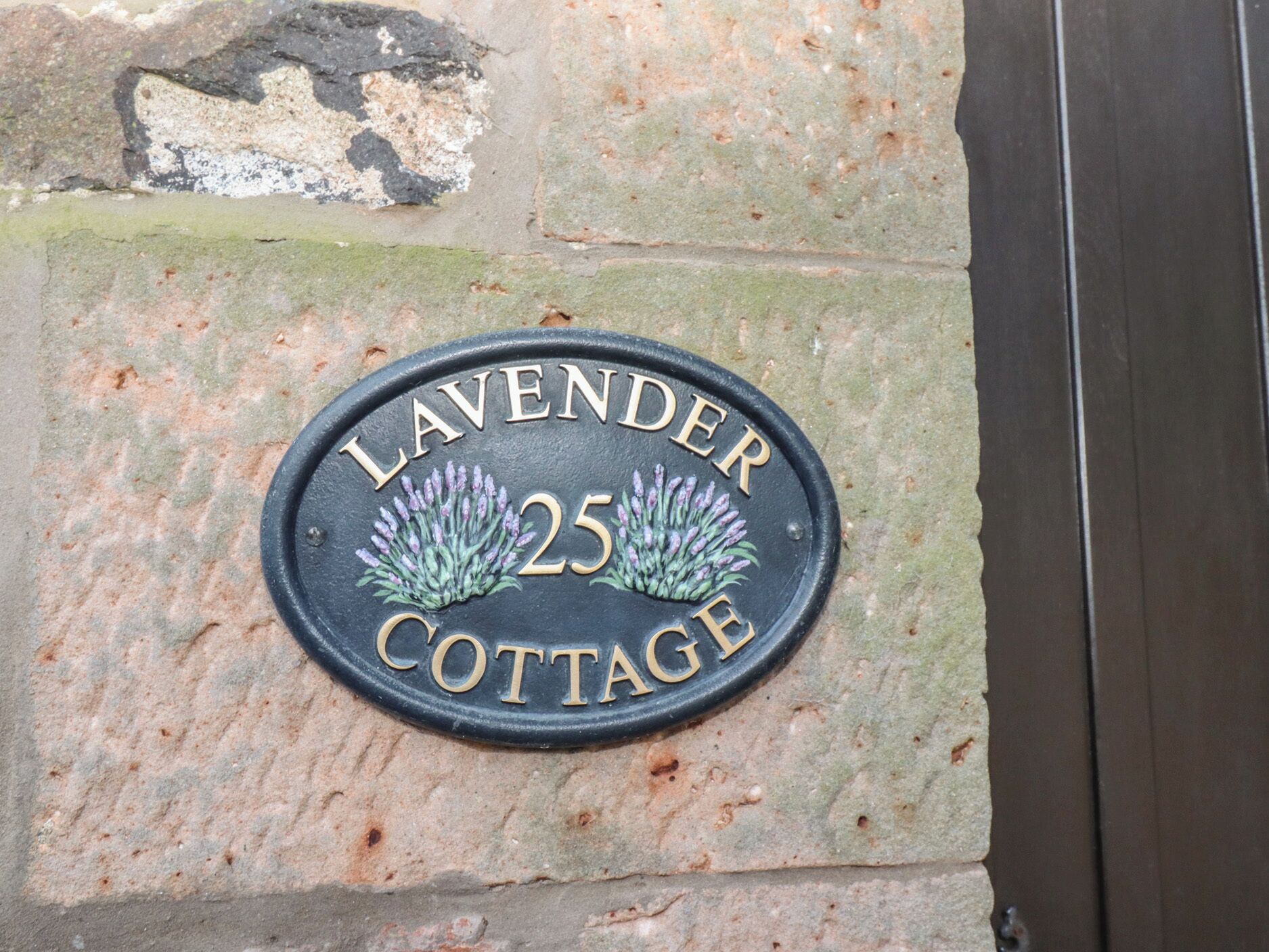 A house number plaque for Lavender Cottage, indicating it is number 25.